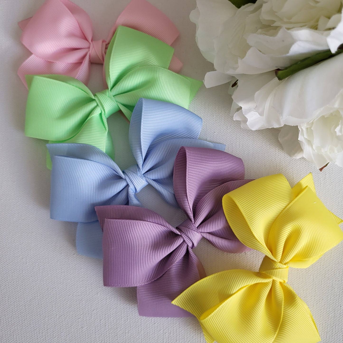 Easter Colors Hair Bows in Pearl Pink, Soft Green, Dusty Blue, Yellow Lemon and Dusty Lilac