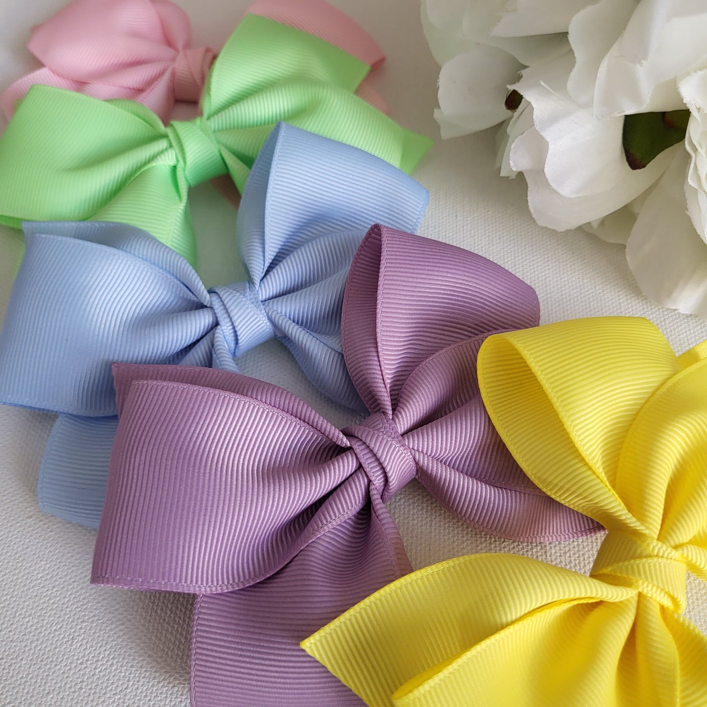 Easter Colors Hair Bows in Pearl Pink, Soft Green, Dusty Blue, Yellow Lemon and Dusty Lilac