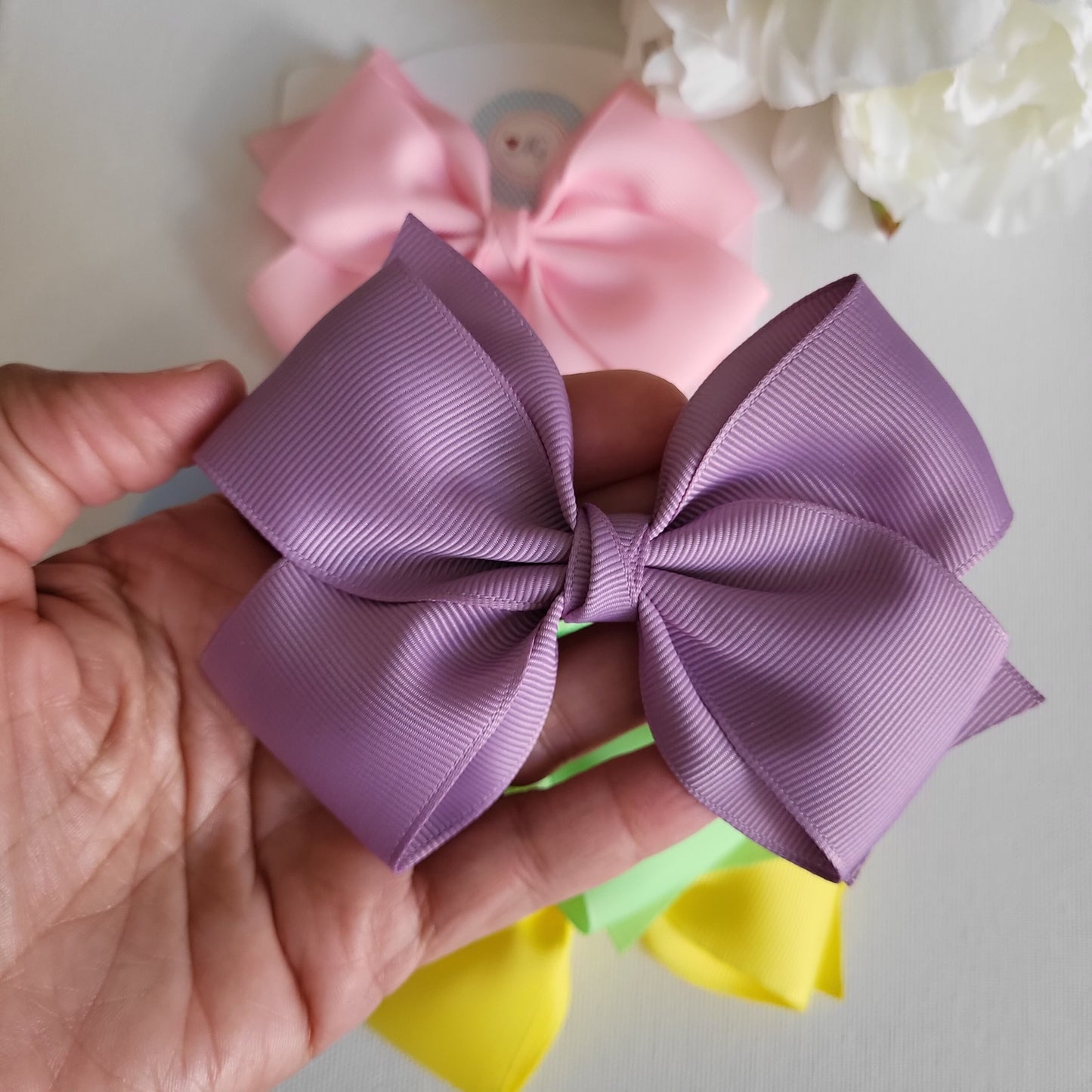 Easter Colors Hair Bows in Pearl Pink, Soft Green, Dusty Blue, Yellow Lemon and Dusty Lilac